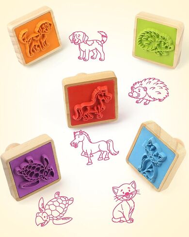 Coogam Wooden Animal Stamps Printing Toy Set, 20pcs Color Shape Stamping for DIY Scrapbook Arts Crafts Supplies Party Favor Toy Gift with Markers Suitable for 3 4 5 Year Old Kids in Kuwait