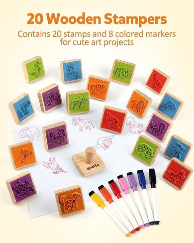 Coogam Wooden Animal Stamps Printing Toy Set, 20pcs Color Shape Stamping for DIY Scrapbook Arts Crafts Supplies Party Favor Toy Gift with Markers Suitable for 3 4 5 Year Old Kids in Kuwait