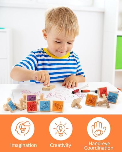 Coogam Wooden Animal Stamps Printing Toy Set, 20pcs Color Shape Stamping for DIY Scrapbook Arts Crafts Supplies Party Favor Toy Gift with Markers Suitable for 3 4 5 Year Old Kids in Kuwait