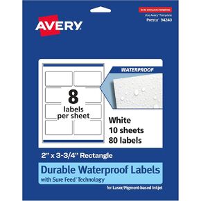 ملصقات مستطيلات متينة مقاومة للماء Avery مع تغذية مؤكدة ، 2 "× 3.75" ، 80 ملصقات مقاومة للماء ، مقاومة للدموع ، ملصقات قابلة للطباعة على الحبر القابلة للطباعة والليزر/الصباغ