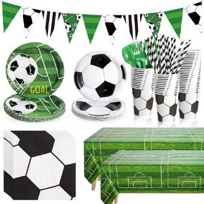 195 Pcs Soccer Party Supplies 24 Guest Disposable Dinnerware with Soccer Tablecloth Paper Plates Cup Napkin Plastic Fork Knives Spoon and Banner for Soccer Party Birthday Decorations
