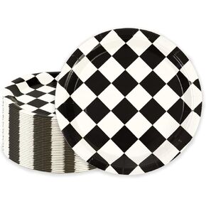 50Pcs Checkered Plates Set, Black and White Paper Plates Party Dinner Dessert Elegant Plates for Wedding Boys Birthday Baby Shower Race Fans Party Decorations (Black and White, 7in)