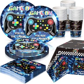 195 Pcs Video Game Party Supplies Tableware Set Serves 48 Blue Game Dinner Plates Cups Napkins Tablecloth Car Racing Disposable Dinnerwear Kit for Boys Men Racetrack Birthday Party Decoration