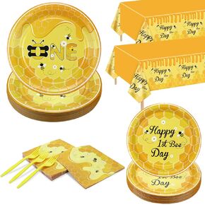 162 Pieces Bee Party Decorations, First Bee Day Party Decorations with Dinner Plates, Dessert Plates, Bee Napkins, Bee Tablecloths, Forks for Kids 1st Bee Day Fun to Bee One, Serves 40