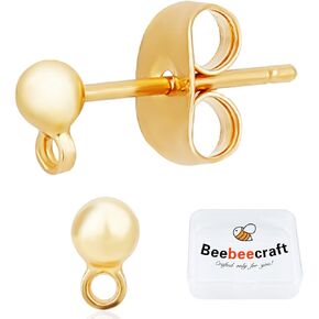 Beebeecraft 100PCS 24K Gold Plated Earring Studs with Loop Ball Post Earring Findings with 100Pcs Butterfly Ear Back for DIY Jewelry Dangle Earring Making(15x7mm, Ball: 4mm)