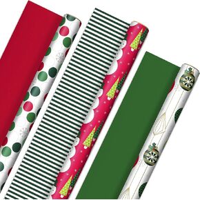 Hallmark Reversible Christmas Wrapping Paper (3 Rolls: 120 sq. ft. ttl) Merry Holidays, Snowflakes, Snowmen, Red Stripes