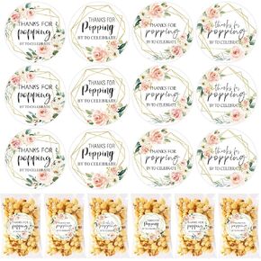 AnyDesign 120Pcs Popcorn Stickers Labels Thanks for Popping by to Celebrate Popcorn Favor Decals Pink Floral Style Self-Adhesive Paper Stickers for Greenery Baby Shower Wedding Bridal Shower, 1.6 Inch