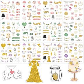 Wedding Stickers for Scrapbooking, 8 Sheets 200+ Pcs Romantic Wedding Scrapbook Stickers, Gold-Green Wedding Stickers for Scrapbook Wedding Planners, Self-Adhesive Waterproof Bridal Scrapbook Supplies
