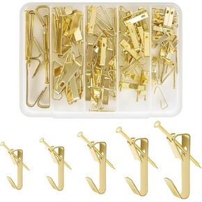 Gold Picture Hangers, 136 PCS Heavy Duty Picture Hanging Hooks with Nails on Drywall/Wooden Wall, Metal Hardware Kit for Pictures, Frame, Mirror, Holds 10-100 LBS