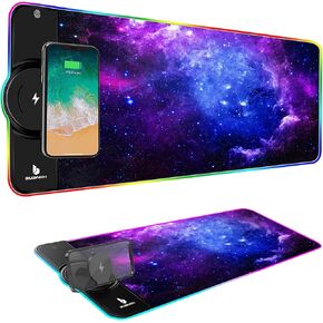 Gaming Mouse Pad,Wireless Mouse Pad Charging,15W Fast Charging,Extened Large Size,10 Lighting Modes for Office Mobile Phone Devices,Home & Office,31.5"X11.8"(Blue Galaxy)
