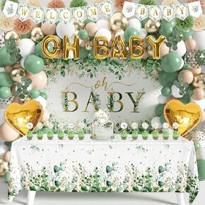 Sage Green Baby Shower Decoration for Girl Boy 99Pcs, Boho Greency Neutral Party Supplies with Oh Baby Backdrop Tablecloth Balloon Garland Kit for Woodland Safari Gender Reveal Party Decor