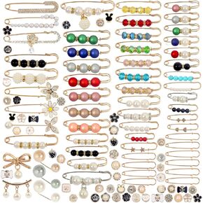 110 PCS Pearl Brooch Sock Charms Pins for Women Gold Rhinestone Junk Sock Charms Pins Sock Accessories Pant Waist Tightener for Women Hat Sweater Shirt Pant