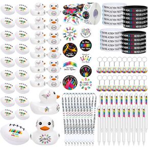 1140 Pcs Down Syndrome Awareness Yellow Blue Down Syndrome Ribbon Accessories Set Include Keychains Stickers Buttons Stress Balls Pens Silicone Bracelets Rubber Ducks Lanyards