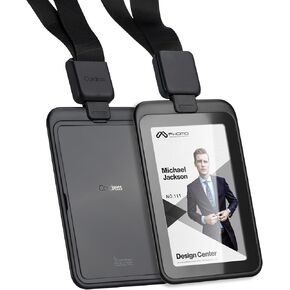 Phomo Self Retractable ID Badge Holders with Carabiner Reel Clip and Badge Lanyard, Heavy-Duty ID Card Holder for Neck, Vertical Style Transparent Hard Accessories Clear, (Holds 1to 2 Cards) (Black)