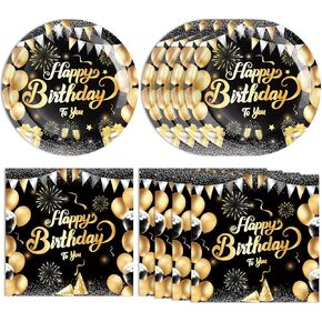 40PCS Black Gold Birthday Decorations Happy Birthday Tableware Set Happy Birthday Decorations Paper Plates Napkins for Women Men Baby Shower Birthday Party Supplies