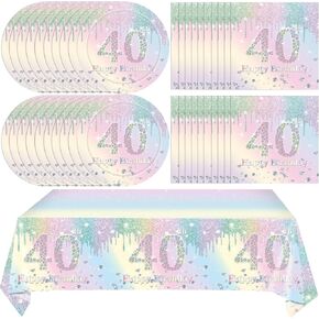 40th Birthday Party Decorations Tableware for Girls Women, Iridescent Macarons Diamond Happy 40th Birthday Supplies Includes 20 Plates 20 Napkins and 1 Tablecloth for Adult Boys Girls 40 Year Old Bday