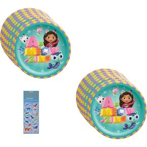 Gabbys Dollhouse Birthday Party Supplies Bundle Includes 16 Dessert Cake Paper Plates and 1 Dinosau Sticker Sheet