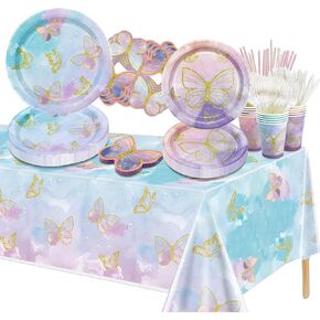 166 PCS Butterfly Birthday Decorations - بما في ذلك لوحات ورق الفراشة ، والمناديل ، والكؤوس ، ومائدة المائدة والقش لزخارف أعياد الميلاد الخيالية ،