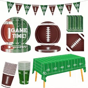 Football Party Supplies Kit Serve 24,Dinner Plates, Napkins,Cups,Banner and Touchdown Tablecloth,Football Party Decorations, Football Birthday Party Supplies