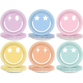 48Pcs Pastel Smile Face Party Supplies Pastel Smile Face Paper Plates 7" Colorful Preppy Smile Face Dessert Plates Preppy Party Decorations for Kids Birthday Baby Shower Party Favors Serves 48 Guests