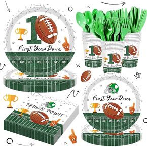 140PCS Football Party Supplies Kit Rugby Paper Plates Cups Napkins Spoon Fork knives Tablecloth Touchdown Party Decorations Tableware for 20 Guests for Football Game Super Bowl Party Birthday Party