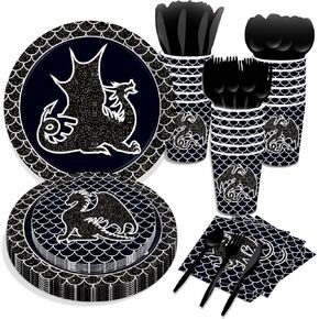 116 Pcs Black Dragon Party Supplies Tableware Including Dragon Party Paper Plates Dinner Plates Napkins Cups Set for Black Dragon Birthday Party Supplies, Dragon Fantasy Party Supplies 16 Guests