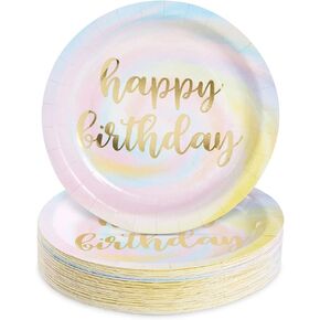 Blue Panda 48-Pack Rainbow Pastel Party Decorations, Gold Foil Happy Birthday Plates (9 in)