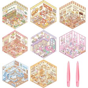 8 Sets DIY 3D House Stickers, 3D Sticker Scene Miniature Scene Stickers, Cute Cartoon Sticker Scenes for Adults Kids, Make Your Own Stickers, Fun Room Sticker Book