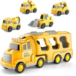 IHAHA Construction Toys for 1 2 3 4 5 6 Years Old Boys Toddlers, 5 in 1 Carrier Trucks Cars Toys for Toddler Boy Girl Birthday, Cars Friction Power Toys with Light Sound