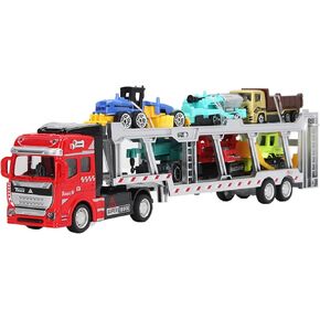 Youthink 7 in 1 نموذج سبيكة لعبة Transfer Truck With Pull Back ، مركبات محاكاة تم تعيينها للجمع ، الأطفال متعدد الأغراض (Red ، مع سيارة هندسية جديدة) ، YouthInkQfGrbgCth1-11
