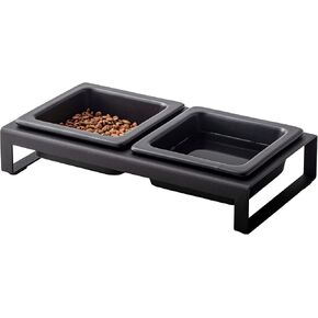 Yamazaki Home Tower Steel and Ceramic Pet Food Stand | 2 Bowls for Food and Water | Feeder for Small Cats and Dogs | Non-Slip - Short - 1.25 Cups, 300 Milliliters Per Bowl, Black