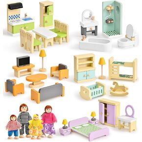 Toyssa Wooden Dollhouse Furniture Set, 36PCS Miniature Doll House Accessories with Colorful 5 Room & 4 Flexible Family Dolls, Pretend Play Toys Birthday Gift for Toddlers 3 4 5 6 Years Old