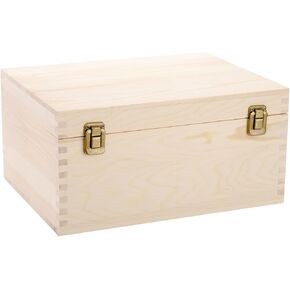 Frcctre Extral Large Unfinished Wooden Box, 13 x 10 x 6.5 inch Natural Unfinished Pine Wood Box with Hinged Lid and Front Clasp for DIY Craft Art Hobbies and Home Storage