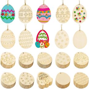 Boao 60 Pieces Easter Wooden Embellishments Unfinished Wood Egg Hanging Ornaments with Twines for Easter Party Decorations Supplies