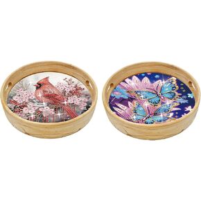 DIY Diamond Serving Tray Round Handmade Diamond Art Painting Wooden Breakfast Tray with Handles Dinner Plate for Coffee Living Room Home Organizer Diameter 21.5cm-White Puppy-Small