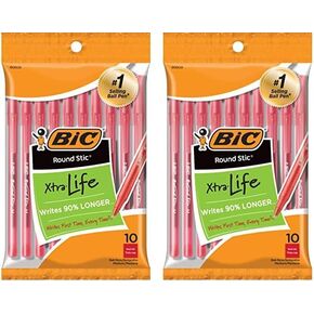 BIC Round Stic Xtra Life Red Ballpoint Pens, Medium Point (1.0mm), 10-Count Pack of Bulk Pens, Flexible Round Barrel for Writing Comfort, No. 1 Selling Ballpoint Pens