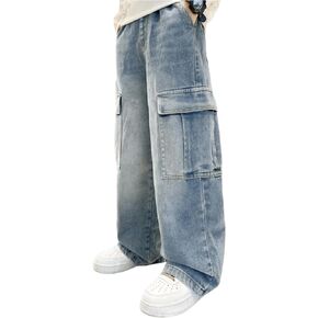 Verdusa Boy's Cargo Jeans Elastic Waist Wide Leg Long Denim Trousers with Pocket in Saudi Arabia