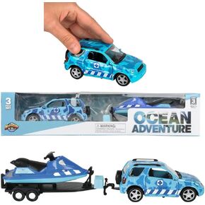 Aquatic Diecast 4 X 4 Blue Rescue Rover (Metal) and Jet Ski on a Trailer (Plastic) Great Ocean Sea Adventure Play Truck Set