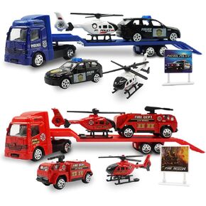 OTONOPI Toy Vehicle Push and Go Rescue Toy Playset Diecast Mini Police Car Fire Engine Truck and Helicopter Toy in Semi Carrier Truck Gift for Toddlers Kids Boys