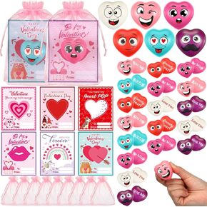 24 Sets Valentine Heart Stress Ball Bulk with Organza Bags and Valentine Cards Stress Relief Fidget Toy Heart Fidget Toy for Valentine Party Favors Classroom Prize Exchange Gifts