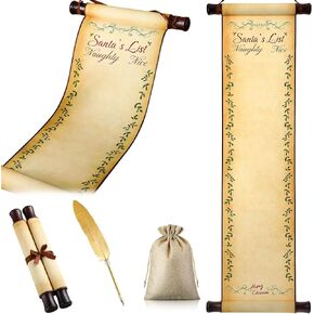 Watersay Christmas Santa's List of Naughty and Nice Scroll Paper Blank Paper Scrolls with Wooden Stick 7.8 x 31.5 Inch Paper Santa Claus Role Play Prop for Hand Writing with Burlap Bag and Feather Pen