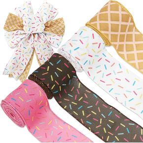 Sprinkle Ice Cream Wired Edge Ribbons Colorful Fabric Wrapping Ribbons for Wreath Bow Making DIY Crafts Supplies, 4 Rolls, 24 Yard
