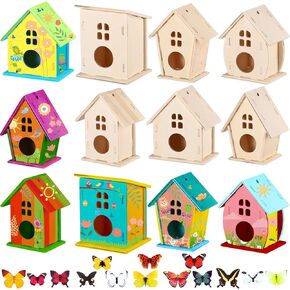 Sawysine 107 Pcs DIY Birdhouse Kits for Kids to Build, 48 Wooden Bird House Kits in 6 Shapes and 57 Butterfly Sticker for Children Spring Craft Activity Art DIY Project(Cute Style)