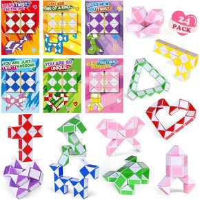 24 Pack Valentine's Day Cards with Snake Twist Toys for Kids School Classroom, Valentine's Gifts for School Exchange, Blocks Fidget Toys for Valentine's Party Favors