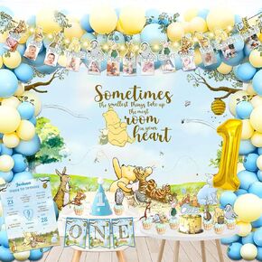 117 Pcs Classic Winnie 1st Birthday Decorations Boy, Classic Winnie First Birthday Decorations Set 1st Birthday Decorations Classic Winnie Birthday Decorations 1st Boy, for Baby Boy First Birthday