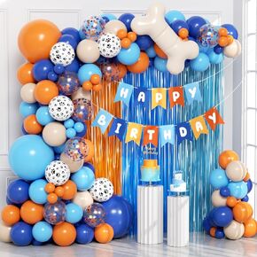 129pcs Blue and Orange Balloon Arch Kit, Orange and Blue Balloons with Fringe Curtain Happy Birthday Banner Confetti Paw Print Balloons for Theme Baby Shower Birthday Party Decorations