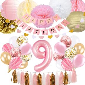 BRT Bearingshui 9th Birthday Girl Decoration, Happy Birthday Banner, Glitter Paper Garland, Number 9 Balloon, Gold & Pink Lanterns, Honeycomb Balls, Pom Poms, Foil Tassels, Latex & Confetti Balloons