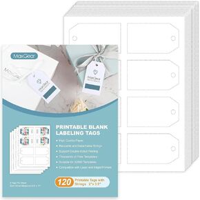 MaxGear 200 Price Tags with String, Gift and Clothing Tags, Hang Tag for Clothes, Jewelry, and Gifts – 2" x 3.5" Printable Paper Tag Paper Labels (22802) for Easy Organization and Labeling