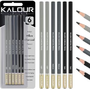 KALOUR PDAS Professional Willow Charcoal Pencil Set - 6 Premium Pencils (Light to Dark Shades) for Drawing, Sketching & Shading, Artist-Grade Tools for Beginners & Professionals