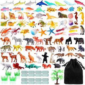 105 Pcs Safari Animal Toys Sea Creature Toys Realistic Jungle Animals Figurines Ocean Sea Animal Plastic Animal Learning Toys for Educational Party Cake Cupcake